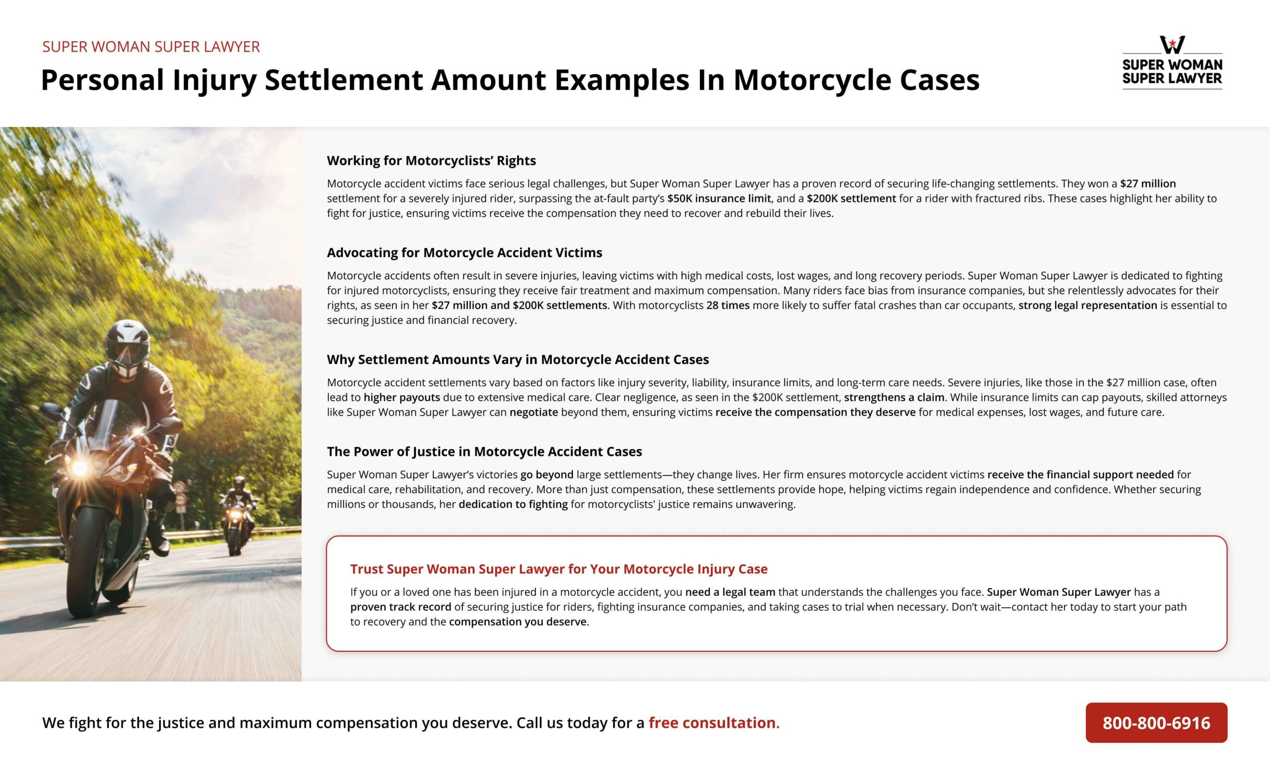 Personal Injury Settlement Amount Examples In Motorcycle Cases Infographic